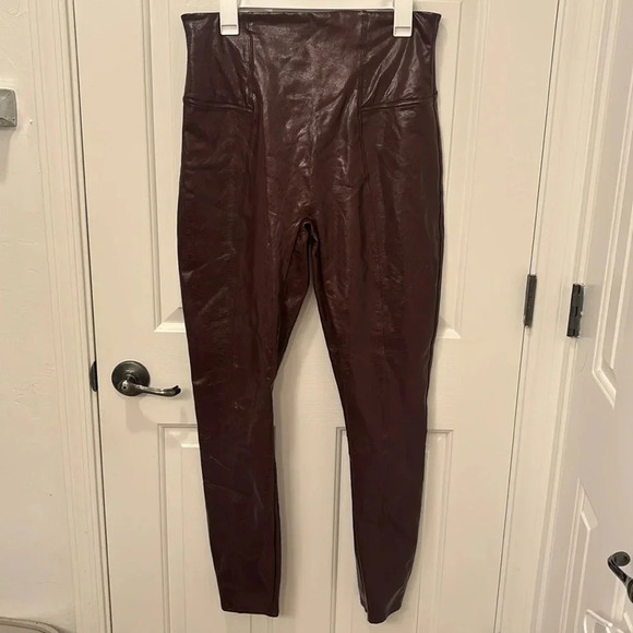 SPANX Faux Patent Leather Leggings in Burgundy - Picture 3 of 7